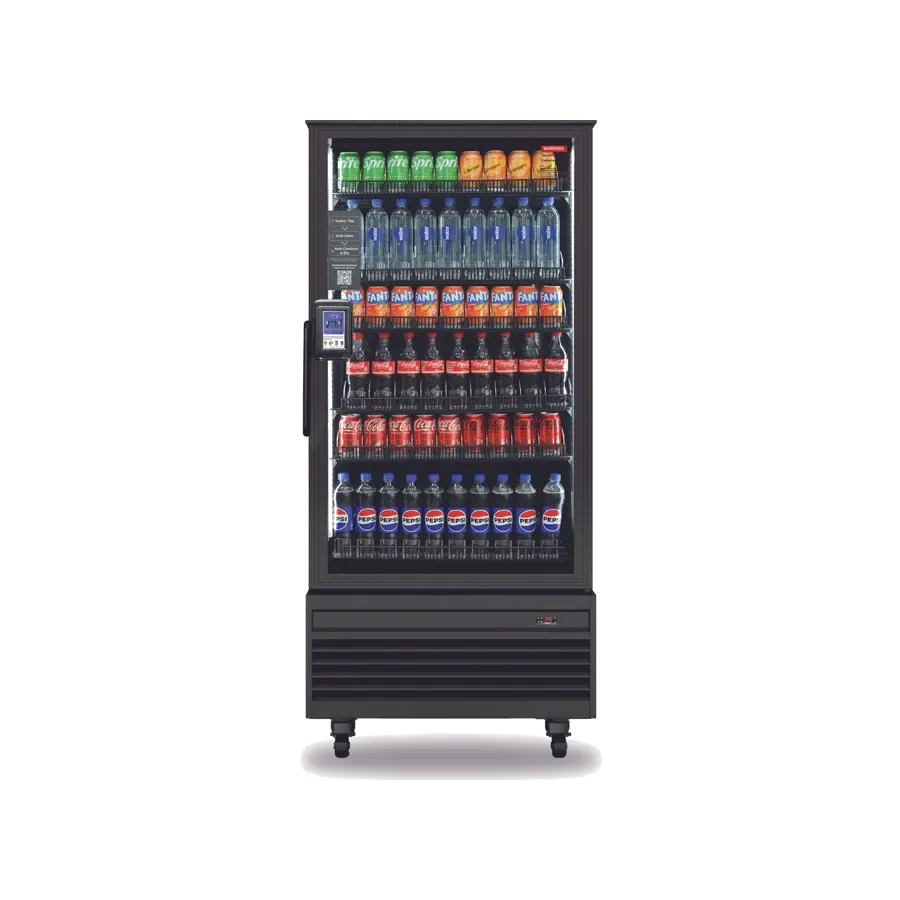 Single-door AI smart drink cooler with tap payment terminal, stocked with cold drinks